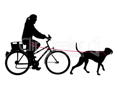 Radfahrerin mit Hund an der Leine