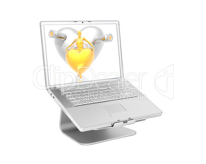 Laptop with black heartLaptop with 3d golden virtual girl with g