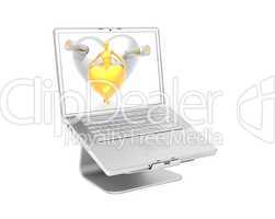 Laptop with black heartLaptop with 3d golden virtual girl with g
