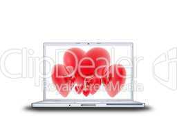 red hearts on laptop screen isolated on white back