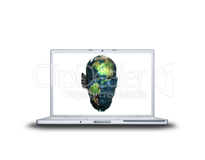 man head world map textured on laptop screen
