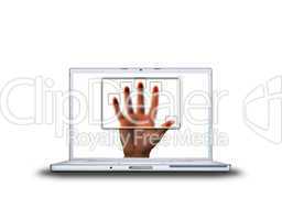 scanned hand on laptop screen isolated on white back