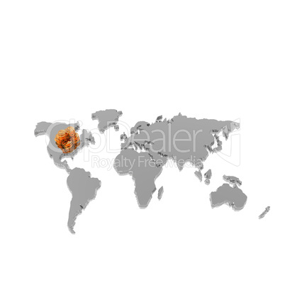 golden coins on world map isolated on a white