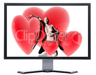 monitor with 3d virtual girl with red hearts background