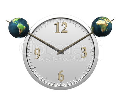 wall clock with two earth isolated on white
