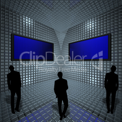 businessman and monitor in grid room