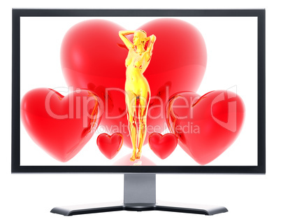 monitor with 3d virtual girl with red hearts