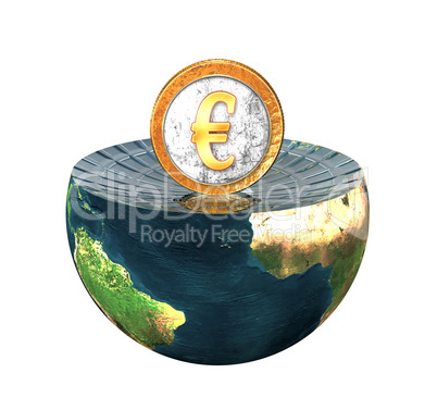 euro coin on earth hemisphere isolated on a white