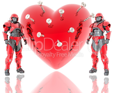 3d soldiers ward a red 3d heart background