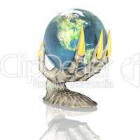 3D earth in alien hand isolated on a white