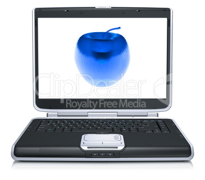 glass apple on laptop screen isolated on white