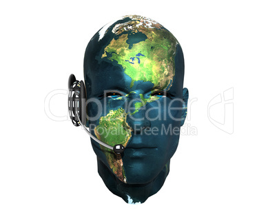 3D men head with earth texture with headphone