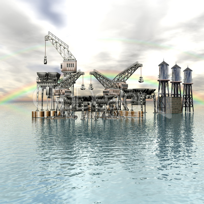 Drilling Platform in sea with clouds