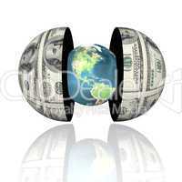 3d earth in hemispheres with us dollar texture