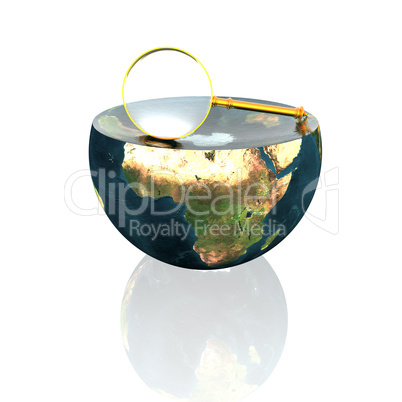 magnifying glass on earth hemisphere isolated on white