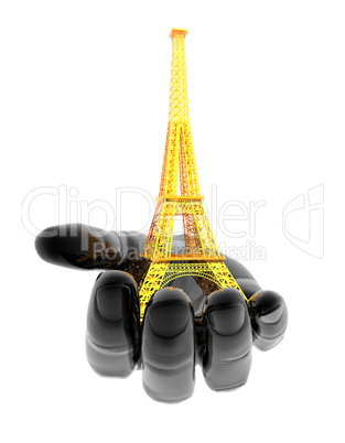 Eiffel Tower in Paris on the hand isolated on a white