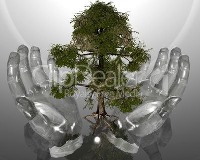 green ecological tree in glass hands on grey back