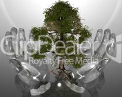 green ecological tree in glass hands on grey back