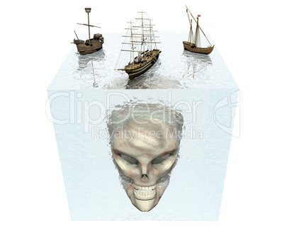 ships on water cube with skull