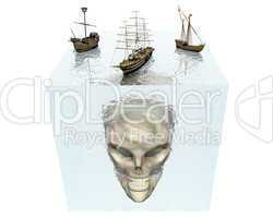 ships on water cube with skull