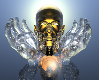 3D golden men head in glass hands