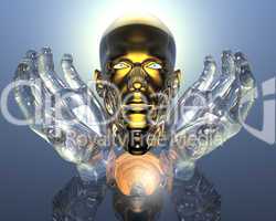 3D golden men head in glass hands