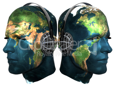 Two 3D head with earth texture with headphones