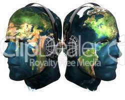 Two 3D head with earth texture with headphones