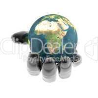 3D earth in bright hand isolated on a white