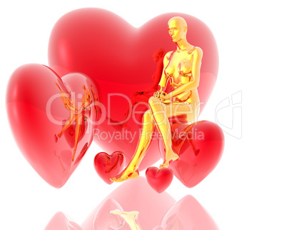 3d golden virtual girl with red hearts background