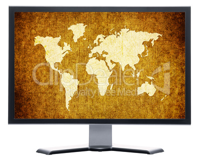 monitor with old world map on grunge retro paper