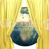 earth with golden drapery on a white