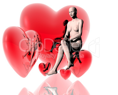 3d virtual girl with red hearts background