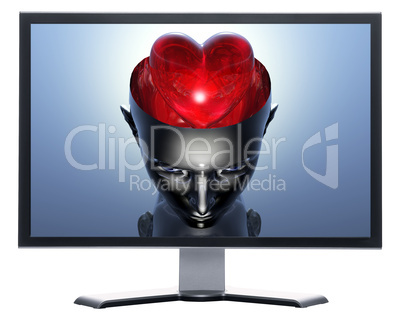 monitor with 3D heart in 3D cyborg girl head