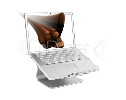 Laptop with pointing hand on screen