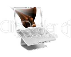 Laptop with pointing hand on screen