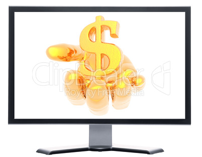 monitor with coins isolated on white