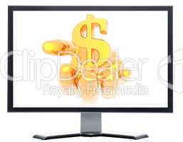 monitor with coins isolated on white