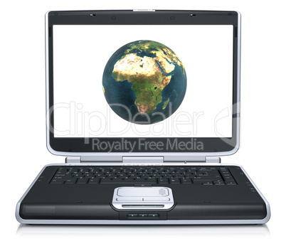model of the earth on laptop screen isolated on a white