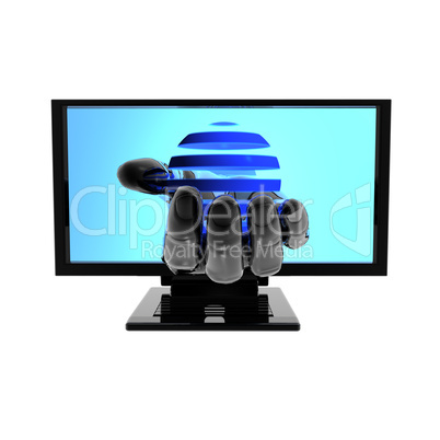 Computer screen with hand isolated on white