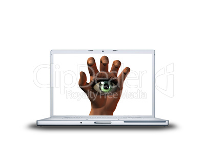 hand with girl eye on laptop screen isolated on white back