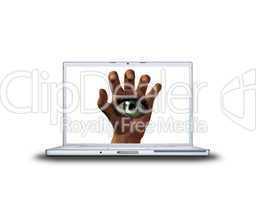 hand with girl eye on laptop screen isolated on white back