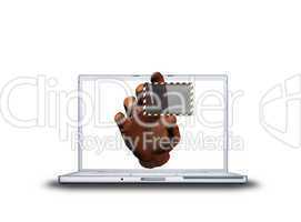 laptop with 3D hand and transparent sticker