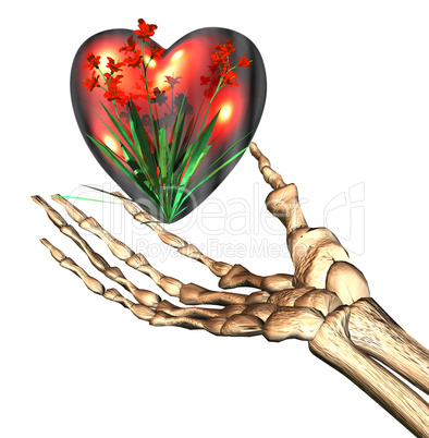 red 3D heart in bones hand