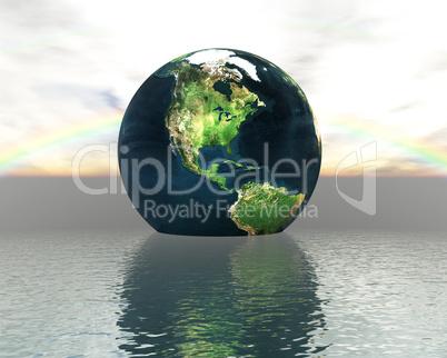 3D globe on water with a rainbow