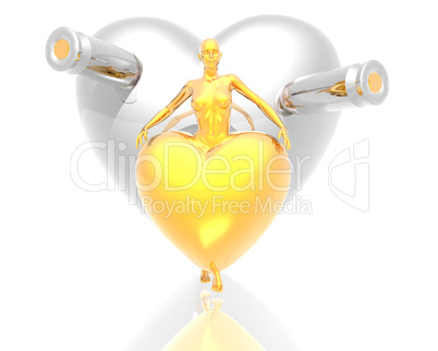 3d golden virtual girl with golden hearts background
