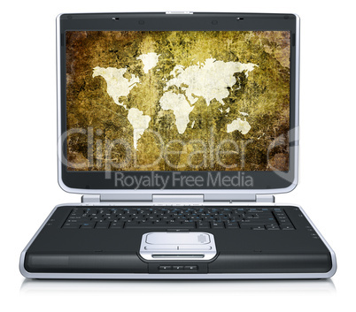 retro model of the geographical world map on laptop screen