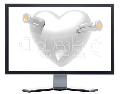 monitor with 3d hearts and bullets background