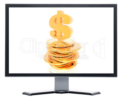 monitor with coins isolated on white