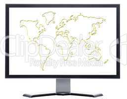 monitor with world map silhouette